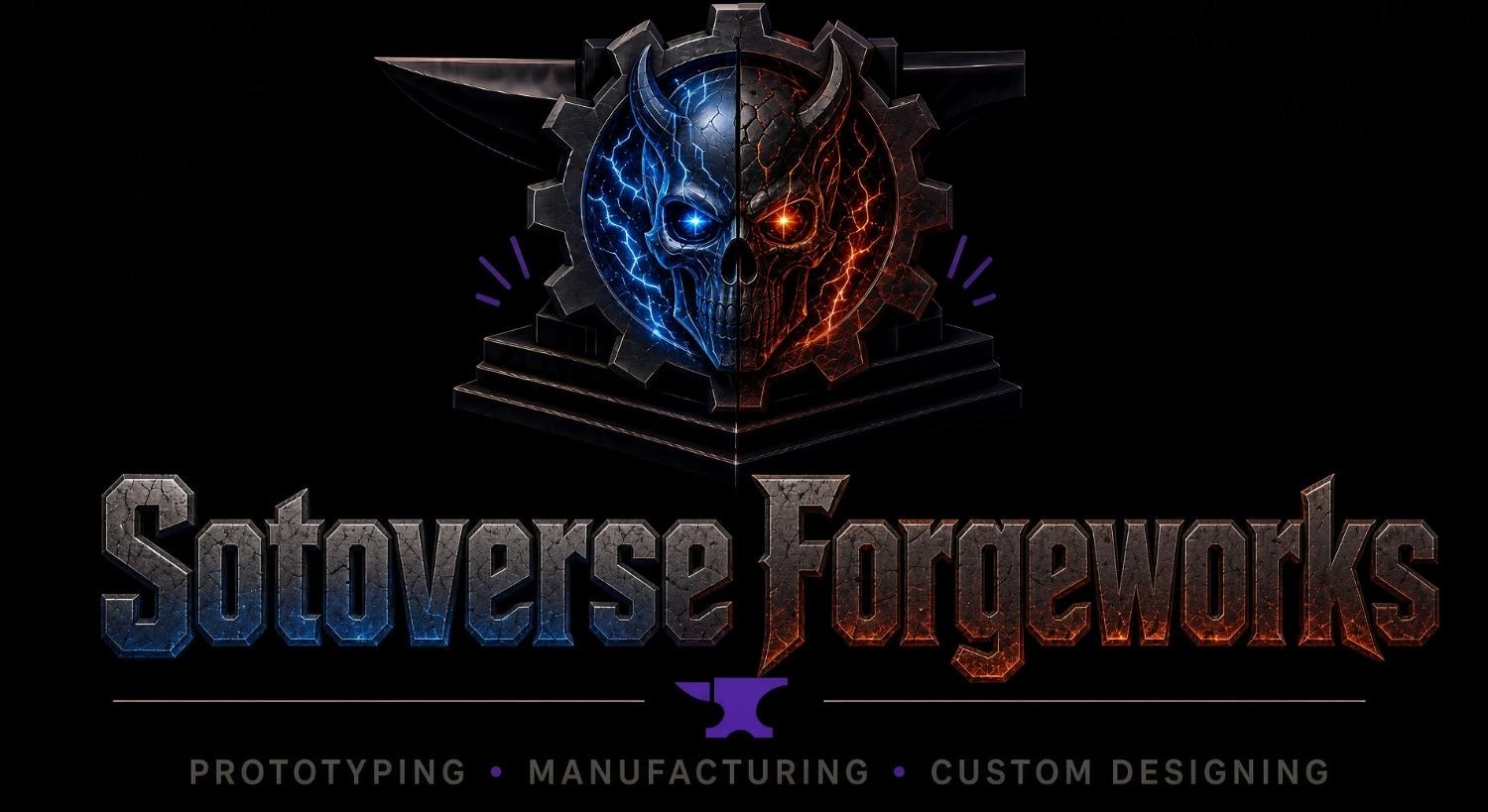 Sotoverse Forgeworks — split-skull cog emblem over the full wordmark. Prototyping, manufacturing, custom designing.